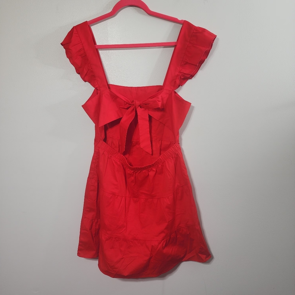 Show Me Your MuMu Lovely Mini Dress Red Poplin Ruffle Straps Tie Back - Picture 7 of 8